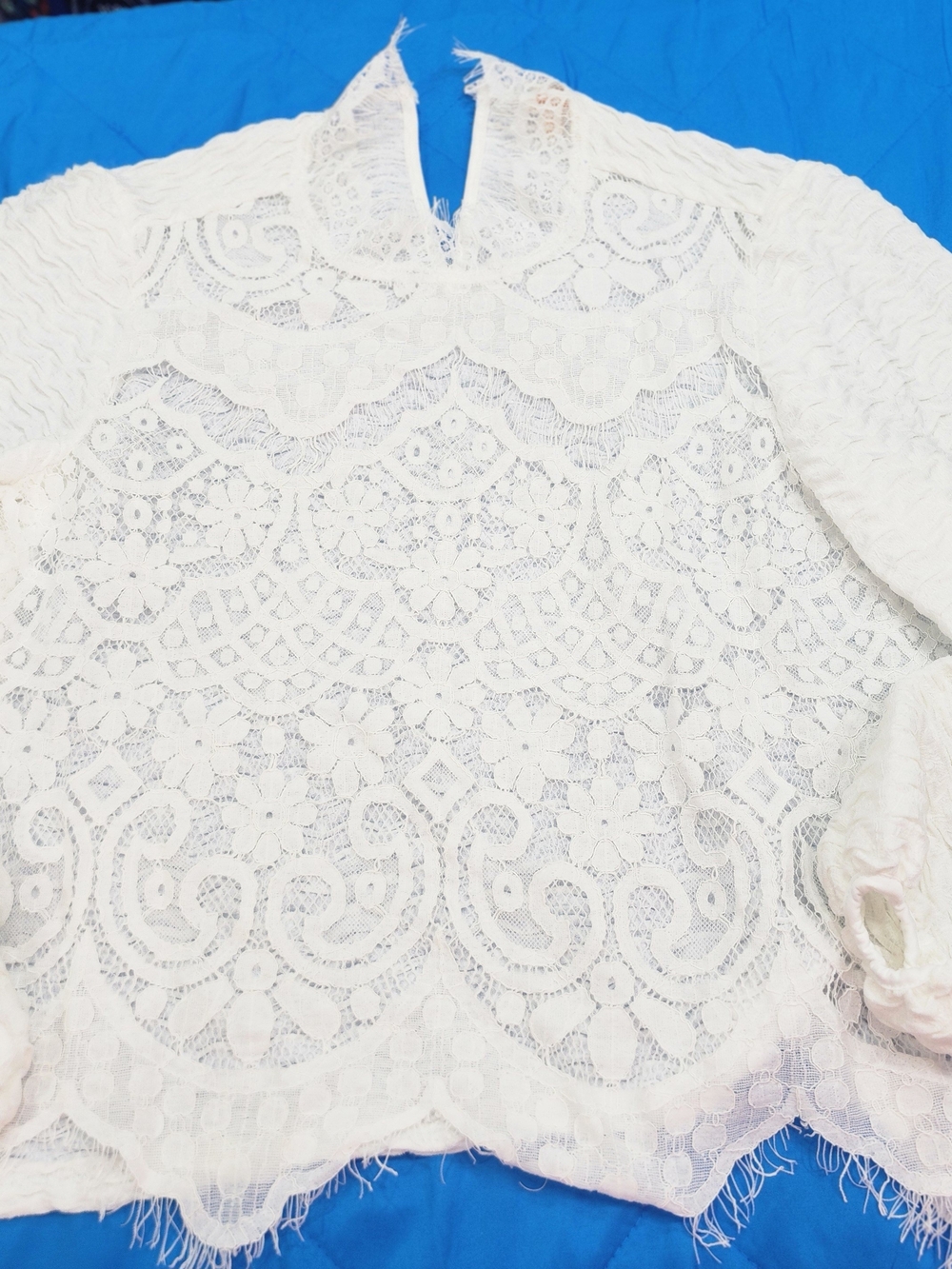 Women's White Lace Blouse with Scalloped Hem